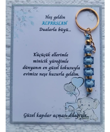 100 Adet İsme Özel Tasarım Mavi Anahtarlık Hastane Yeni Doğan 40 Mevlidi Dağıtmalık Hediyelik