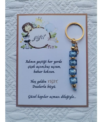 100 Adet İsme Özel Tasarım Mavi Anahtarlık Hastane Yeni Doğan 40 Mevlidi Dağıtmalık Hediyelik