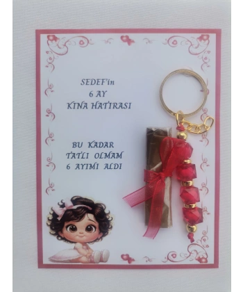 32 Adet Kişiye Özel 6 Ay Kına Hatırası Kırmızı Anahtarlık ve Paketlenmiş Kına Dağıtmalık Hediyelik