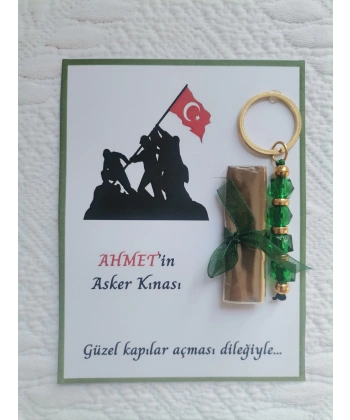 100 Adet Kişiye Özel Asker Kına Hatırası Dağıtmalık Hediyelik Yeşil Anahtarlık ve Paketlenmiş Kına