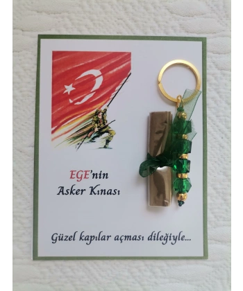 100 Adet Kişiye Özel Asker Kına Hatırası Dağıtmalık Hediyelik Yeşil Anahtarlık ve Paketlenmiş Kına