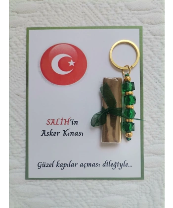 100 Adet Kişiye Özel Asker Kına Hatırası Dağıtmalık Hediyelik Yeşil Anahtarlık ve Paketlenmiş Kına