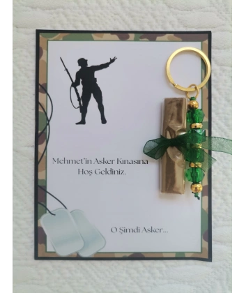 100 Adet Kişiye Özel Asker Kına Hatırası Dağıtmalık Hediyelik Yeşil Anahtarlık ve Paketlenmiş Kına