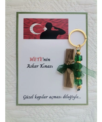 100 Adet Kişiye Özel Asker Kına Hatırası Dağıtmalık Hediyelik Yeşil Anahtarlık ve Paketlenmiş Kına