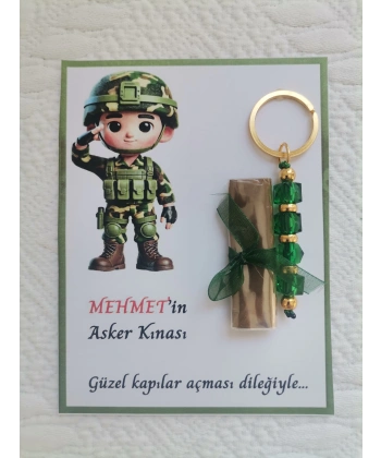 100 Adet Kişiye Özel Asker Kına Hatırası Dağıtmalık Hediyelik Yeşil Anahtarlık ve Paketlenmiş Kına