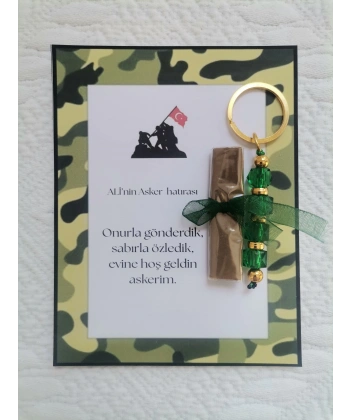100 Adet Kişiye Özel Asker Kına Hatırası Dağıtmalık Hediyelik Yeşil Anahtarlık ve Paketlenmiş Kına
