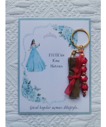 64 Adet Kişiye Özel Kına Hatırası Dağıtmalık Hediyelik Kırmızı Anahtarlık ve Paketlenmiş Kına