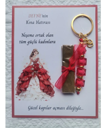 100 Adet Kişiye Özel Kına Hatırası Dağıtmalık Hediyelik Kırmızı Anahtarlık ve Paketlenmiş Kına