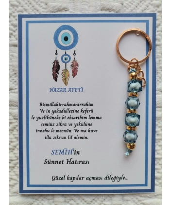 100 Adet Kişiye Özel Nazar Ayeti Sünnet Hatırası Dağıtmalık Hediyelik Mavi Renk Anahtarlık