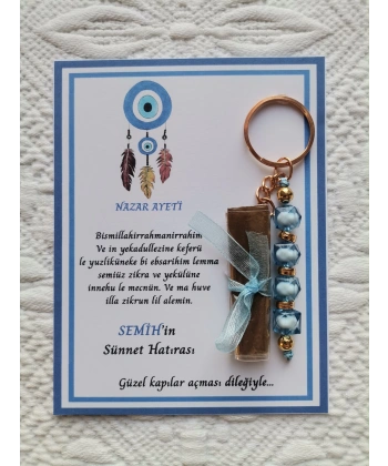 100 Adet Kişiye Özel Nazar Ayeti Sünnet Hatırası Dağıtmalık Hediyelik Mavi Renk Anahtarlık ve Kına