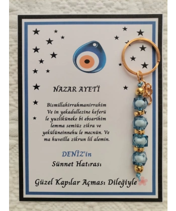 100 Adet Kişiye Özel Nazar Ayeti Sünnet Hatırası Dağıtmalık Hediyelik Mavi Renk Anahtarlık