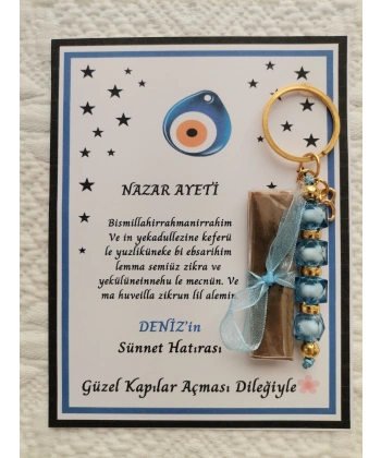 100 Adet Kişiye Özel Nazar Ayeti Sünnet Hatırası Dağıtmalık Hediyelik Mavi Renk Anahtarlık ve Kına