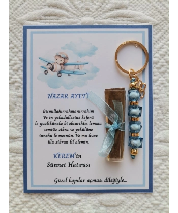 100 Adet Kişiye Özel Nazar Ayeti Sünnet Hatırası Dağıtmalık Hediyelik Mavi Renk Anahtarlık ve Kına