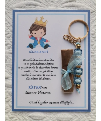 100 Adet Kişiye Özel Nazar Ayeti Sünnet Hatırası Mavi Anahtarlık ve Kına Dağıtmalık Hediyelik