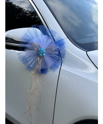 5 Adet Mavi Beyaz Kristal Tül Mavi Latex Gül Doğal Rafya Detaylı Düğün Nikah Kına Sünnet Konvoy Süsü