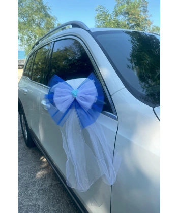 30 Adet Mavi Beyaz Kristal Tül Mavi Latex Gül Kuyruk Detaylı Düğün Nikah Kına Sünnet Konvoy Süsü