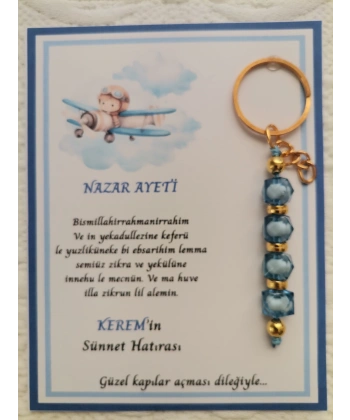 64 Adet Kişiye Özel Nazar Ayeti Sünnet Hatırası Dağıtmalık Hediyelik Mavi Renk Anahtarlık