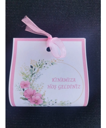100 Adet Kişiye Özel Tasarım Hazır Paketlenmiş Pembe Çiçekli Model Dağıtmalık Hediyelik Kına