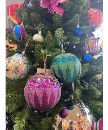 Yılbaşı Ağacı Süsü Mor ve Yeşil Toplar 8 cm Çapında kutu içi 6 Adet