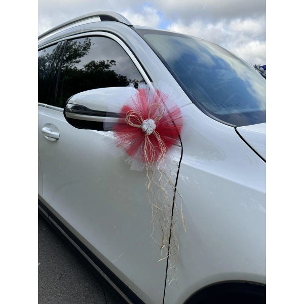 10 Adet Beyaz Kırmızı Kristal Tül Beyaz Latex Gül Doğal Rafya Detaylı Düğün Nikah Kına Sünnet Konvoy Süsü