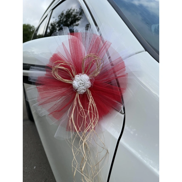 10 Adet Beyaz Kırmızı Kristal Tül Beyaz Latex Gül Doğal Rafya Detaylı Düğün Nikah Kına Sünnet Konvoy Süsü