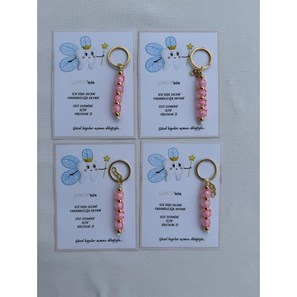 100 Adet Pembe Renk İsme Özel İlk Dişim Çıktı Diş Partisi Diş Buğdayı Hatırası Hediyelik Anahtarlık