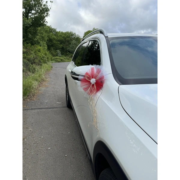 5 Adet Beyaz Kırmızı Kristal Tül Beyaz Latex Gül Doğal Rafya Detaylı Düğün Nikah Kına Sünnet Konvoy Süsü