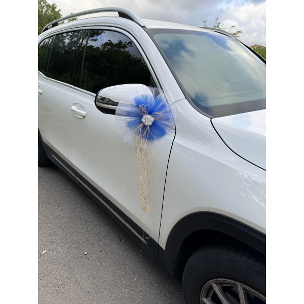 10 Adet Beyaz Mavi Kristal Tül Beyaz Latex Gül Doğal Rafya Detaylı Düğün Nikah Kına Sünnet Konvoy Süsü