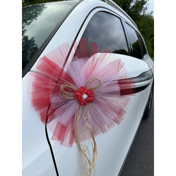 20 Adet Kırmızı Beyaz Kristal Tül Kırmızı Latex Gül Doğal Rafya Detaylı Düğün Nikah Kına Sünnet Konvoy Süsü