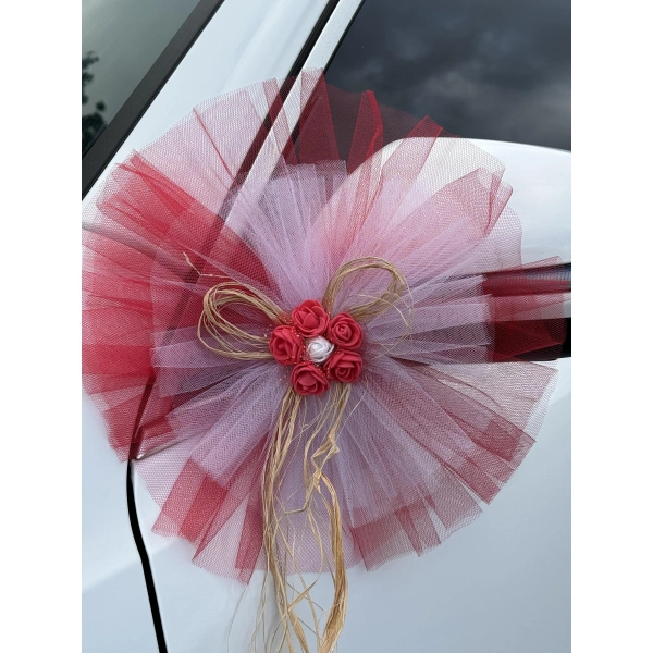 20 Adet Kırmızı Beyaz Kristal Tül Kırmızı Latex Gül Doğal Rafya Detaylı Düğün Nikah Kına Sünnet Konvoy Süsü