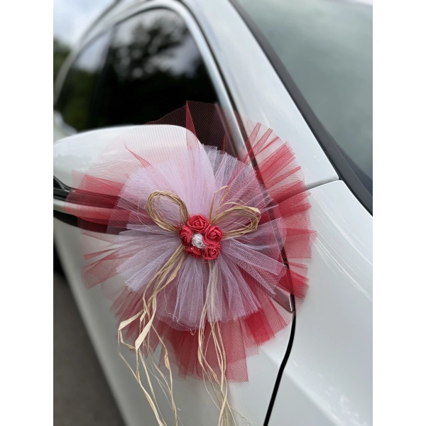 20 Adet Kırmızı Beyaz Kristal Tül Kırmızı Latex Gül Doğal Rafya Detaylı Düğün Nikah Kına Sünnet Konvoy Süsü