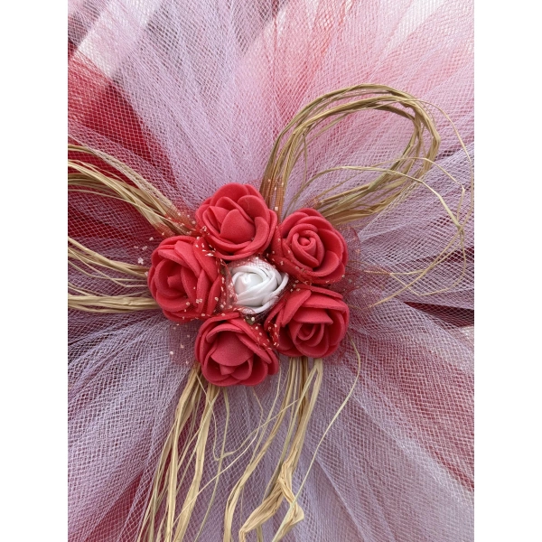 20 Adet Kırmızı Beyaz Kristal Tül Kırmızı Latex Gül Doğal Rafya Detaylı Düğün Nikah Kına Sünnet Konvoy Süsü