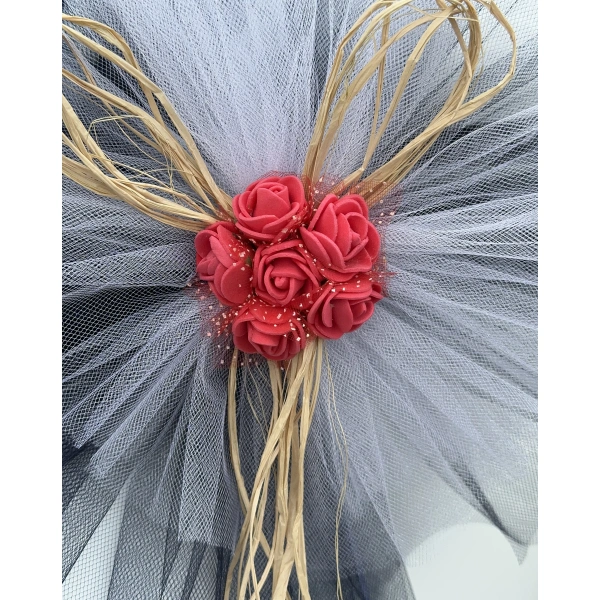 10 Adet Siyah Beyaz Kristal Tül Kırmızı Latex Gül Doğal Rafya Detaylı Düğün Nikah Kına Sünnet Konvoy Süsü