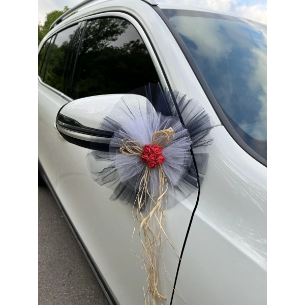 10 Adet Siyah Beyaz Kristal Tül Kırmızı Latex Gül Doğal Rafya Detaylı Düğün Nikah Kına Sünnet Konvoy Süsü