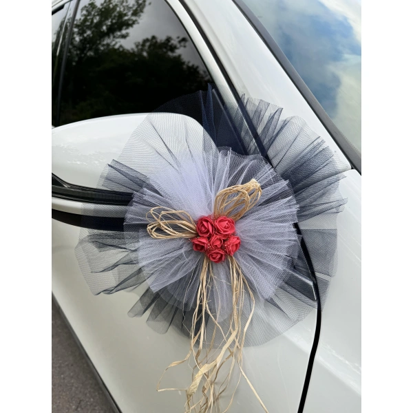 10 Adet Siyah Beyaz Kristal Tül Kırmızı Latex Gül Doğal Rafya Detaylı Düğün Nikah Kına Sünnet Konvoy Süsü