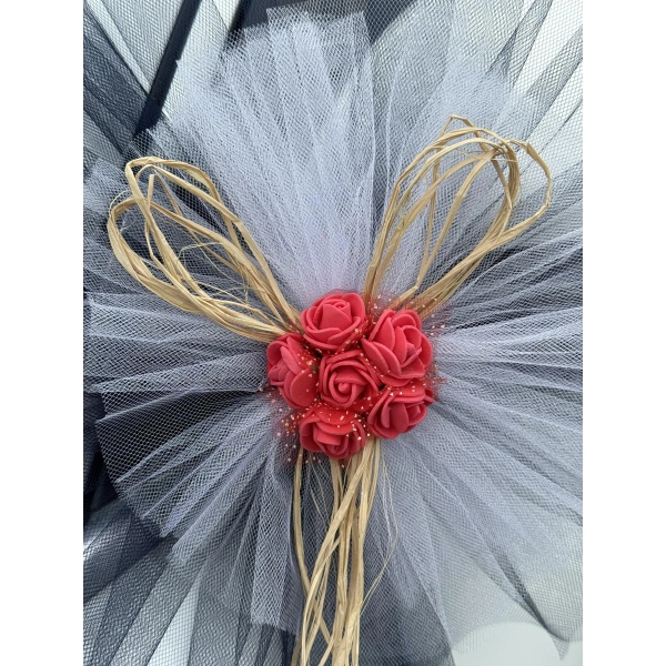 10 Adet Siyah Beyaz Kristal Tül Kırmızı Latex Gül Doğal Rafya Detaylı Düğün Nikah Kına Sünnet Konvoy Süsü