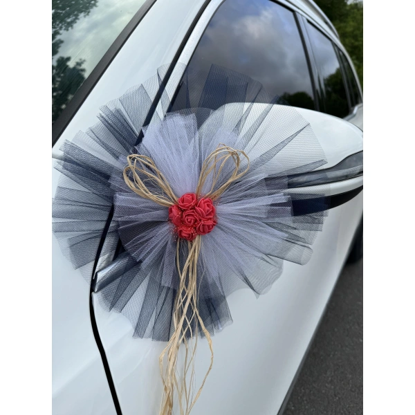 10 Adet Siyah Beyaz Kristal Tül Kırmızı Latex Gül Doğal Rafya Detaylı Düğün Nikah Kına Sünnet Konvoy Süsü