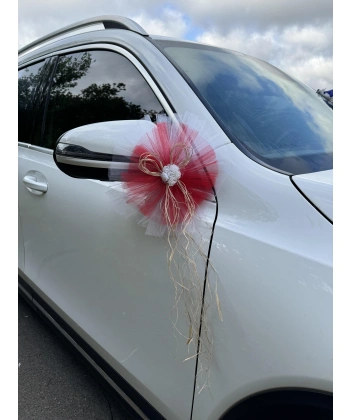 10 Adet Beyaz Kırmızı Kristal Tül Beyaz Latex Gül Doğal Rafya Detaylı Düğün Nikah Kına Sünnet Konvoy Süsü