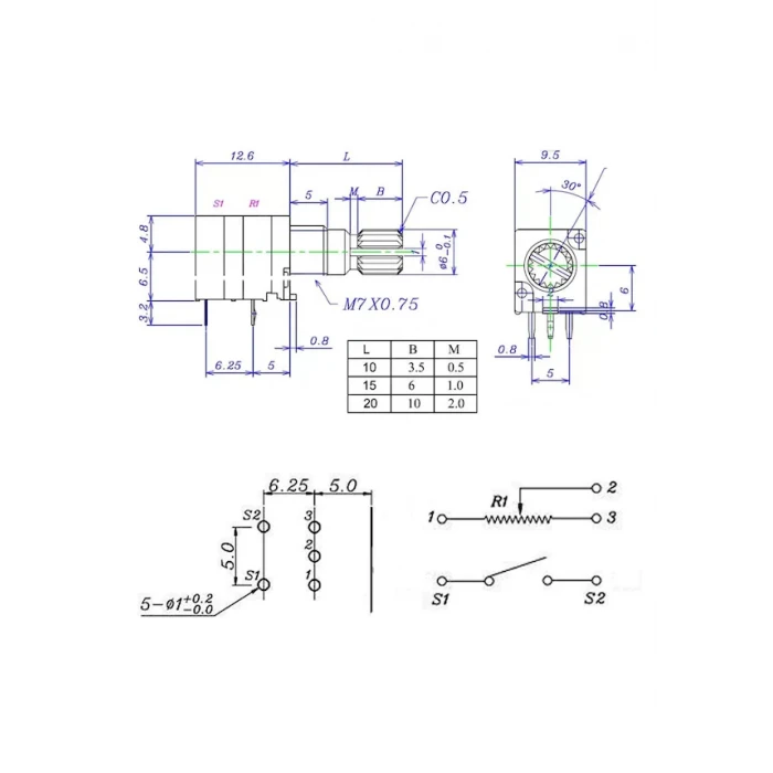 Anahtarlı 10K Pot B10K 5 Pin