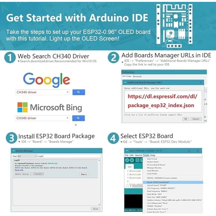 ESP32 Development Board Integrated 0.96 Inch OLED Display,CH340 Driver,WiFi+BLE Wireless Module,and Micro USB Works Great for Arduino/Micropython