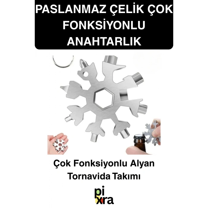 #Anahtarlık Paslanmaz Çelik Alyan Tornavida Takımı - Çok Fonksiyonlu, Konserve Açacağı