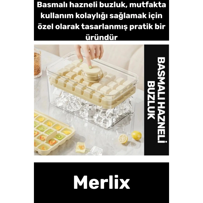 Premium Dayanıklı Bpa İçermeyen Düğmeli Basmalı Çift 56lı Buz Küpü Kalıbı Kullanışlı Saklama Kutulu