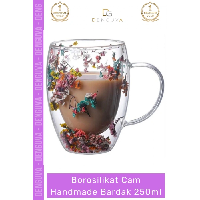 #BorosilikatBardak Çift Camlı Kurutulmuş Çiçekli Borosilikat Isıya Dayanıklı Cam Handmade Kulplu Bardak 250ml