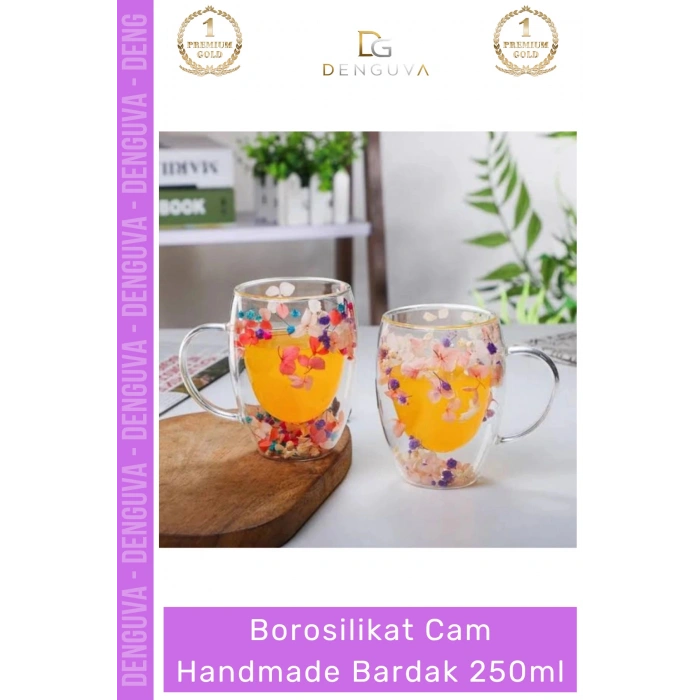 #BorosilikatBardak Çift Camlı Kurutulmuş Çiçekli Borosilikat Isıya Dayanıklı Cam Handmade Kulplu Bardak 250ml