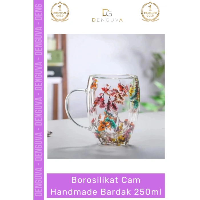 #BorosilikatBardak Çift Camlı Kurutulmuş Çiçekli Borosilikat Isıya Dayanıklı Cam Handmade Kulplu Bardak 250ml