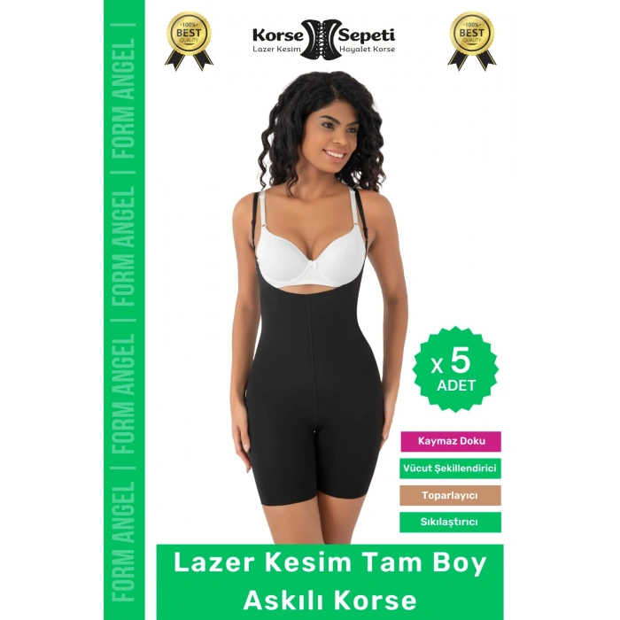 #Korse 2 Beden Küçülten Sıkılaştırıcı Kaymaz Kadın Lazer Kesim Tam Boy Askılı Korse - 5 Adet
