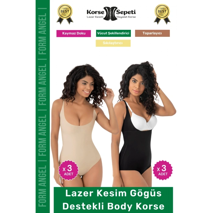 #Korse Kayma Önleyen 2 Beden Küçülten İz Yapmayan Lazer Kesim Göğüs Destekli Body Korse 6lı Set