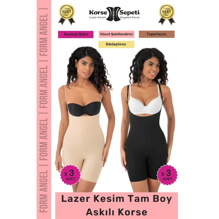 #Korse 2 Beden Küçülten Sıkılaştırıcı Kaymaz Kadın Lazer Kesim Tam Boy Askılı Korse 6lı Set
