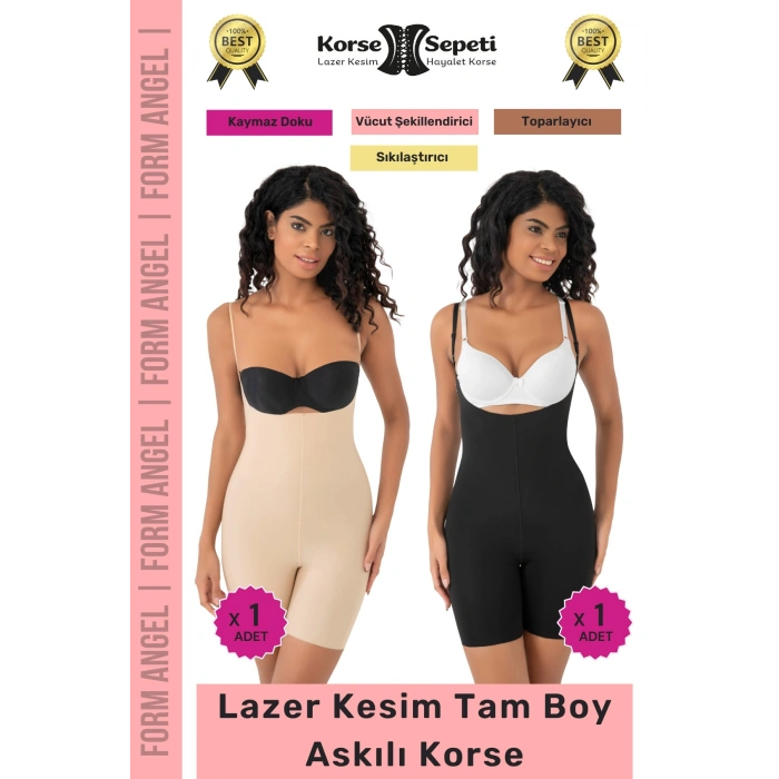 #Korse 2 Beden Küçülten Sıkılaştırıcı Kaymaz Kadın Lazer Kesim Tam Boy Askılı Korse 2li Set
