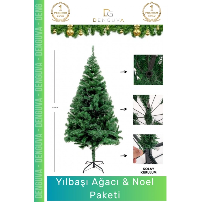 #YılbaşıAğacı Yeni Lüks Şık Dekoratif Yapay Çam Ağacı Yeşil Sık Yapraklı Noel Paketi 150 Cm 220 Dal